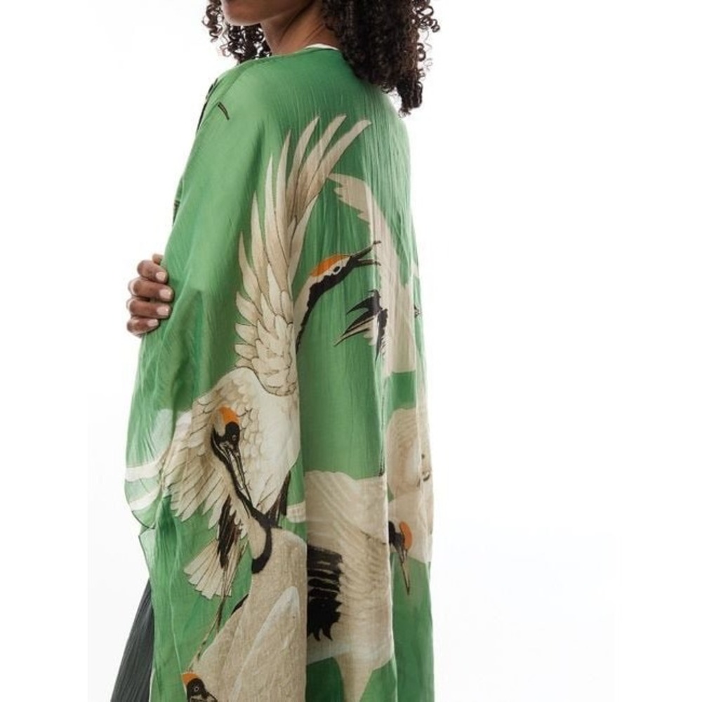 One Hundred Stars 2Chic Crane Print Kimono Robe Sage Green Viscose Modal OS